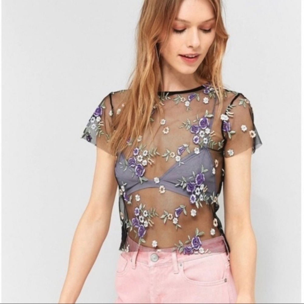 Urban Outfitters Mesh Embroidered Floral Crop Top